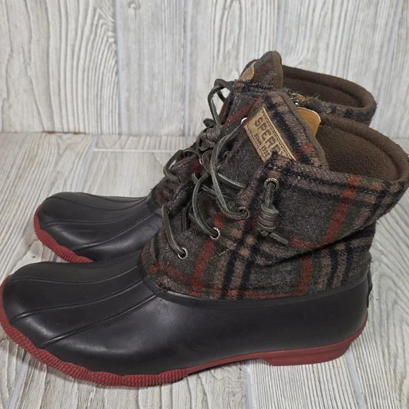 Sperry Saltwater Brown Plaid Duck Boots Womens Size 9 - Picture 5 of 14